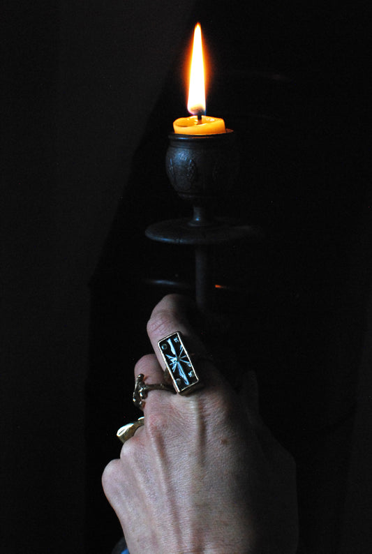 Solid Brass & Vintage Dark Forest Green Glaze Stoneware ‘Cypher’ Ring