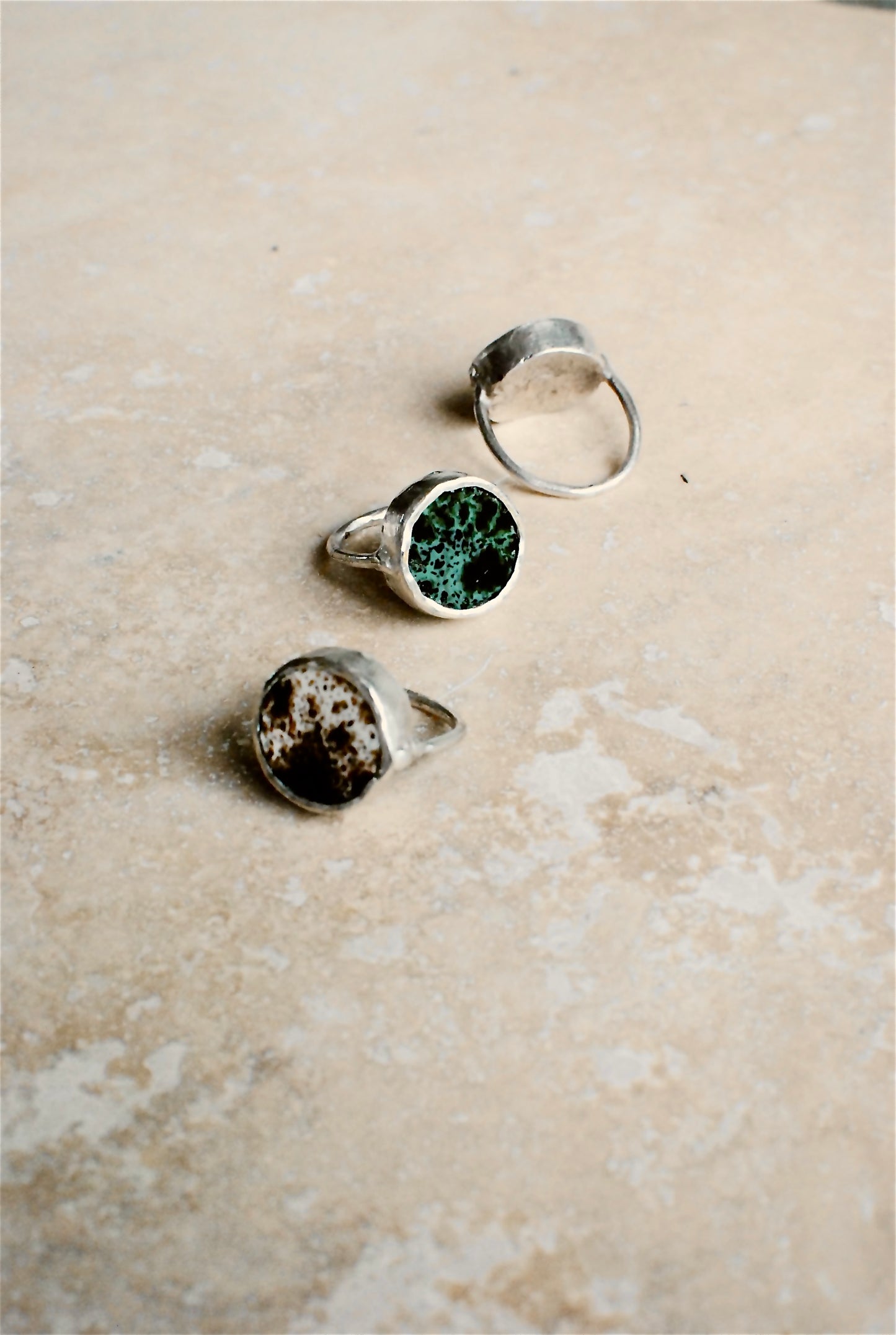 Forest Green & Black Speckled Glaze Reclaimed Stoneware & Solid Silver Wheel Ring