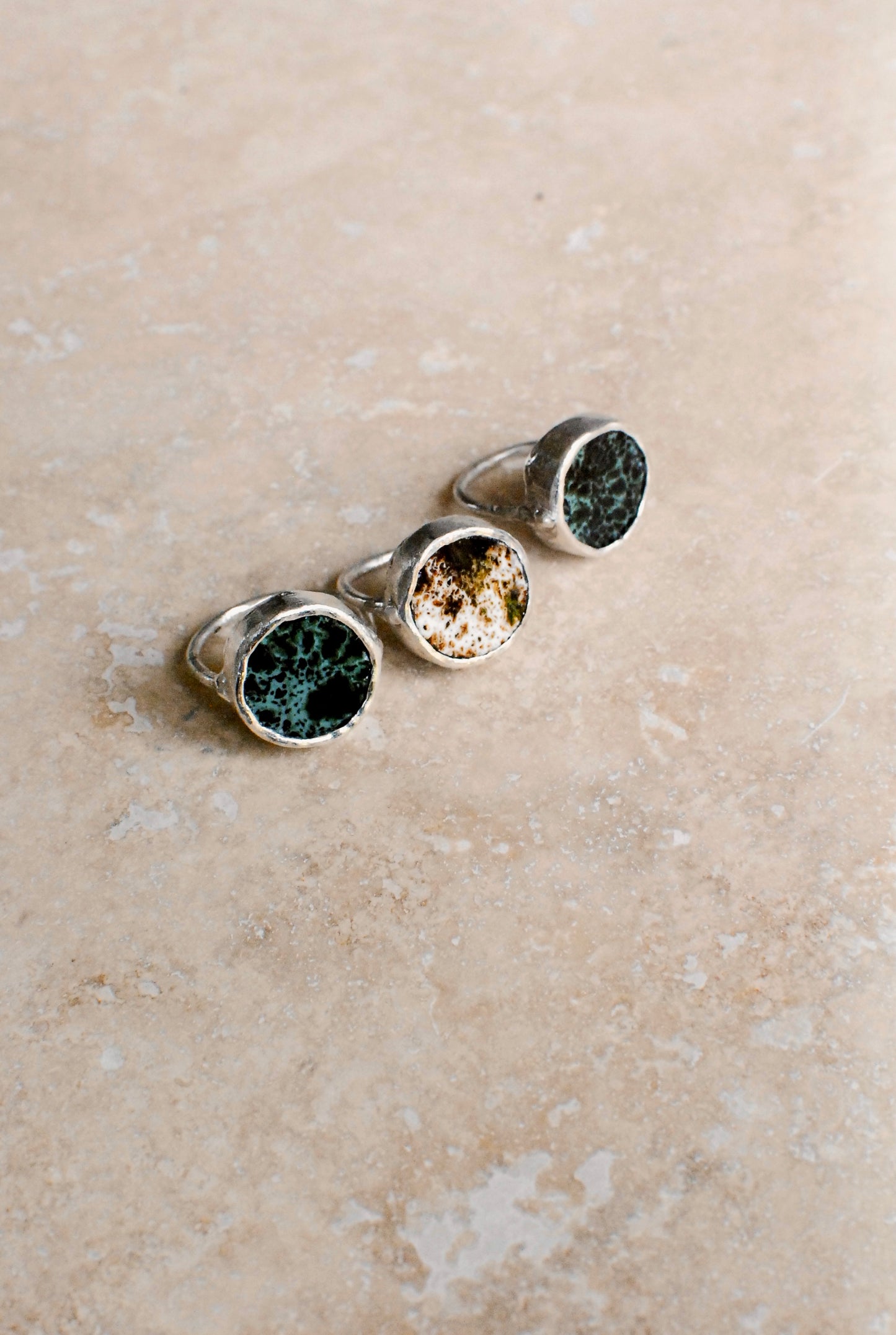 Forest Green & Black Speckled Glaze Reclaimed Stoneware & Solid Silver Wheel Ring