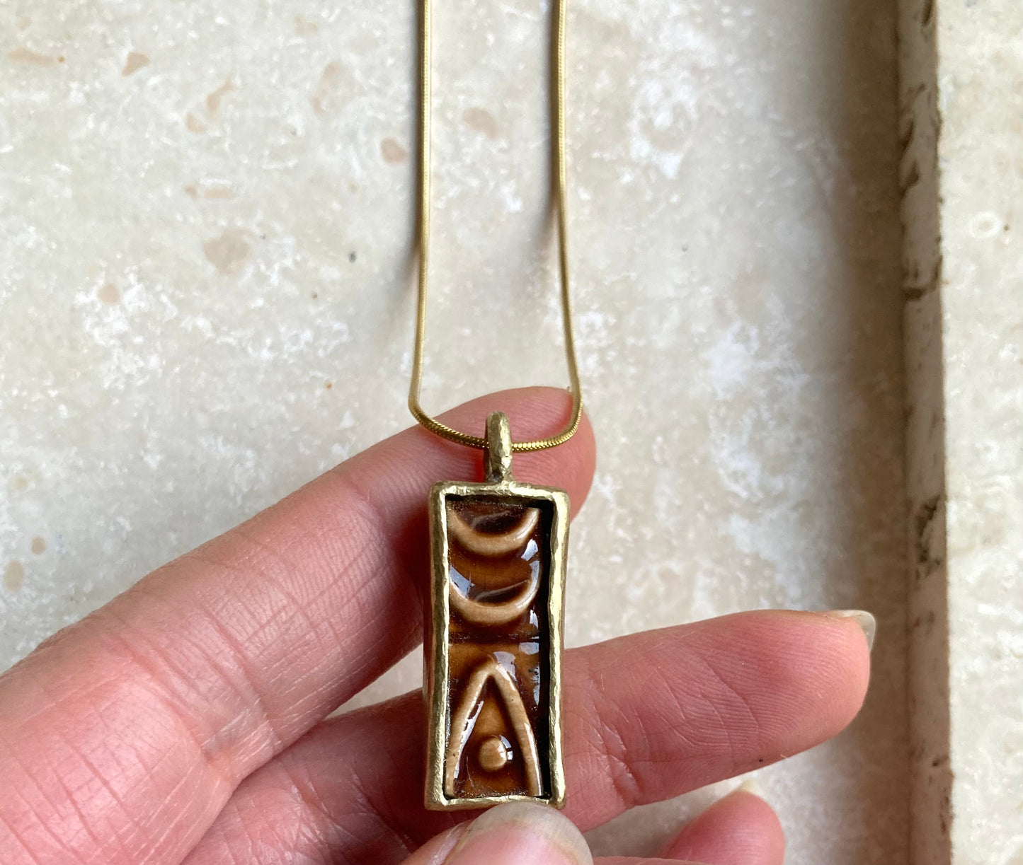 Solid Brass & Reclaimed Dark Rust Red Glazed Vintage Stoneware ‘Cypher Drop’ Necklace On 14k Gold Plated Chain