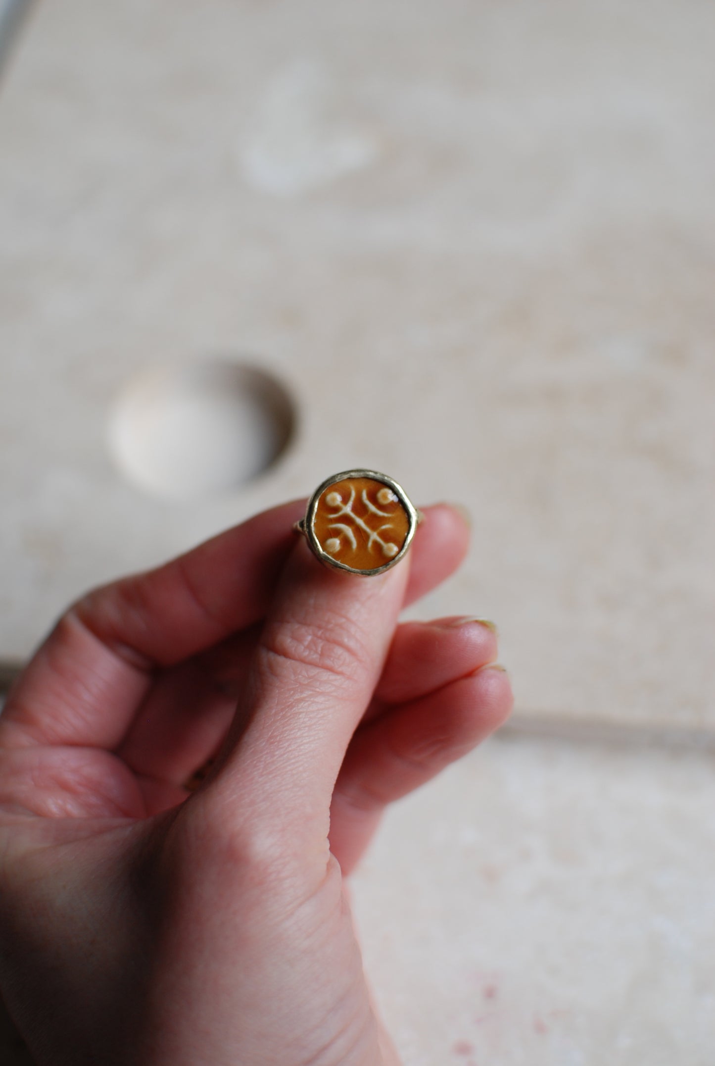 Solid Brass & Amber Glazed Vintage Stoneware ‘Totem Wheel’ Ring