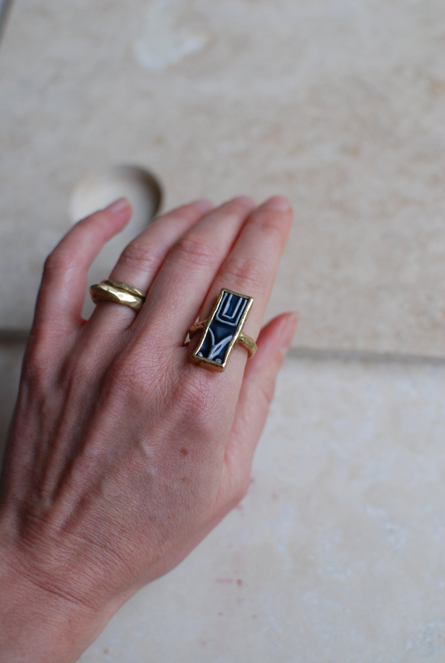 Solid Brass & Vintage Flint Grey Glaze Stoneware ‘Cypher’ Ring