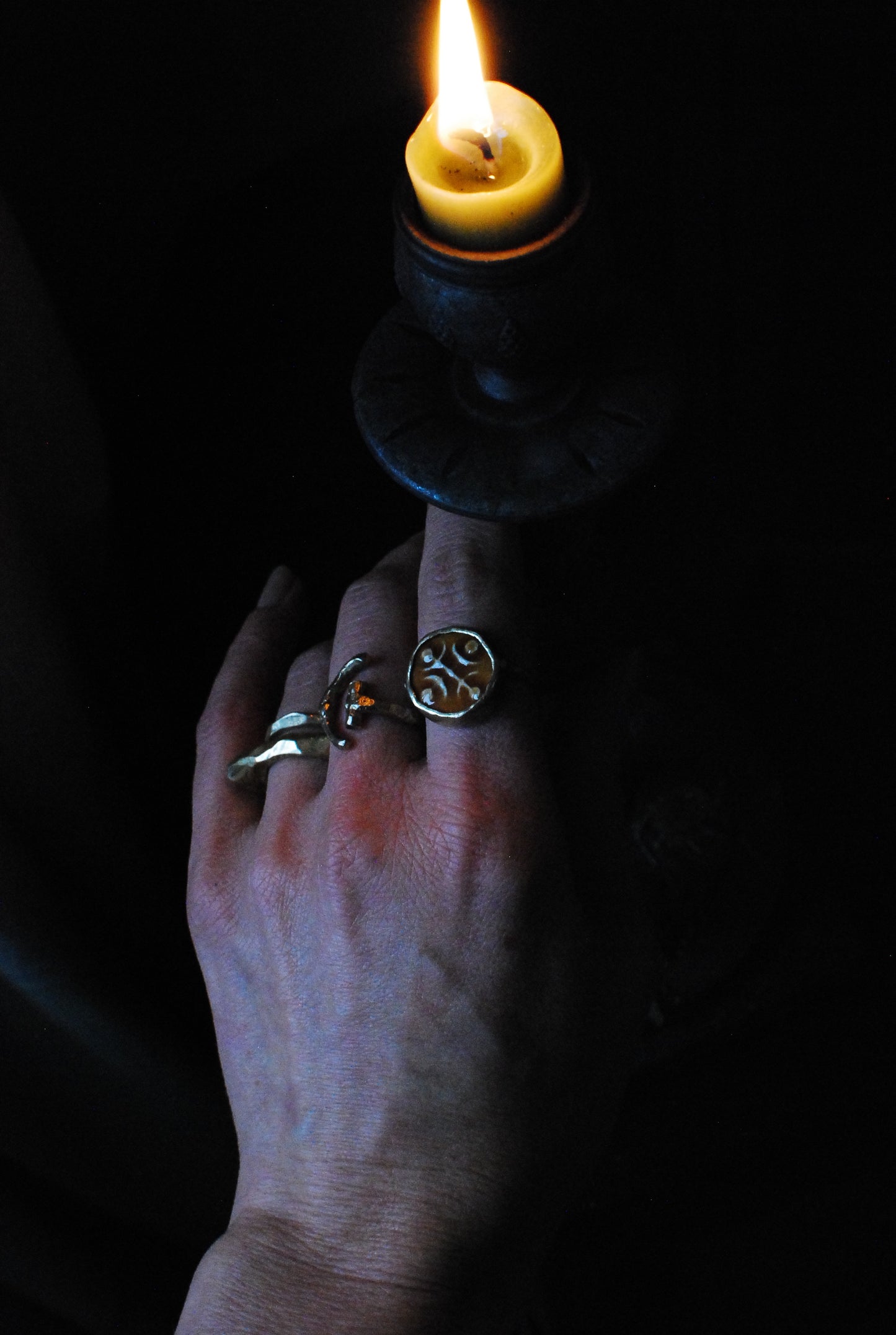 Solid Brass & Amber Glazed Vintage Stoneware ‘Totem Wheel’ Ring
