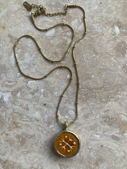 Solid Brass & Reclaimed Amber Glazed Vintage Stoneware ‘Totem Wheel’ Necklace On 14k Gold Plated Chain