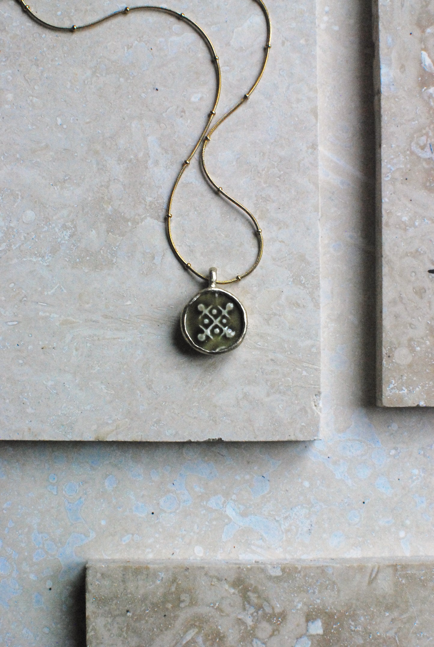 Moss Green Vintage Stoneware & Solid Brass ‘Totem Wheel’ Necklace On 14k Gold Plated Chain