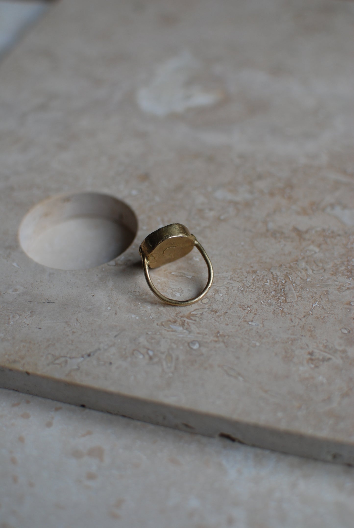 Solid Brass & Amber Glazed Vintage Stoneware ‘Totem Wheel’ Ring