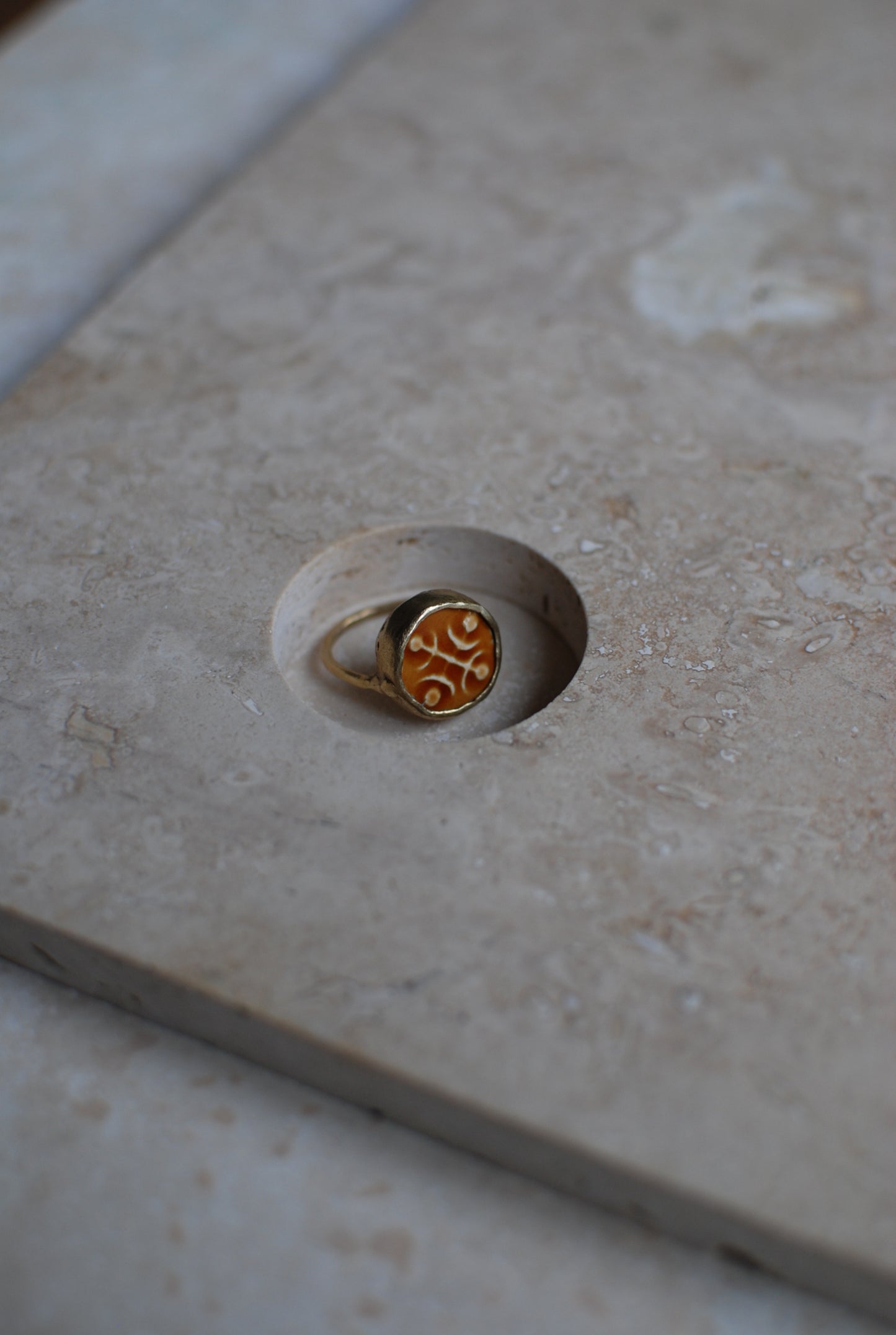 Solid Brass & Amber Glazed Vintage Stoneware ‘Totem Wheel’ Ring