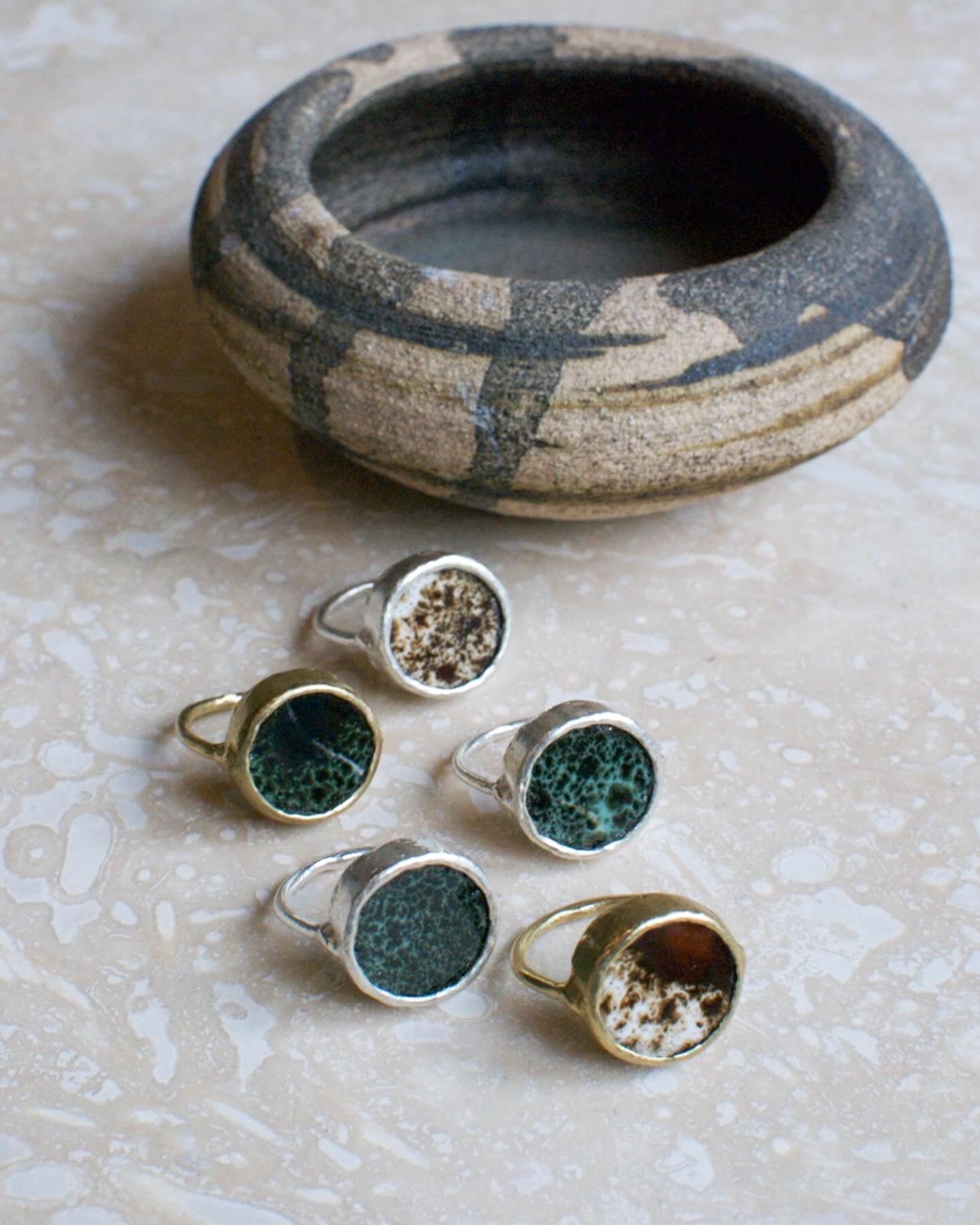 Forest Green & Black Speckled Glaze Reclaimed Stoneware & Solid Brass Wheel Ring