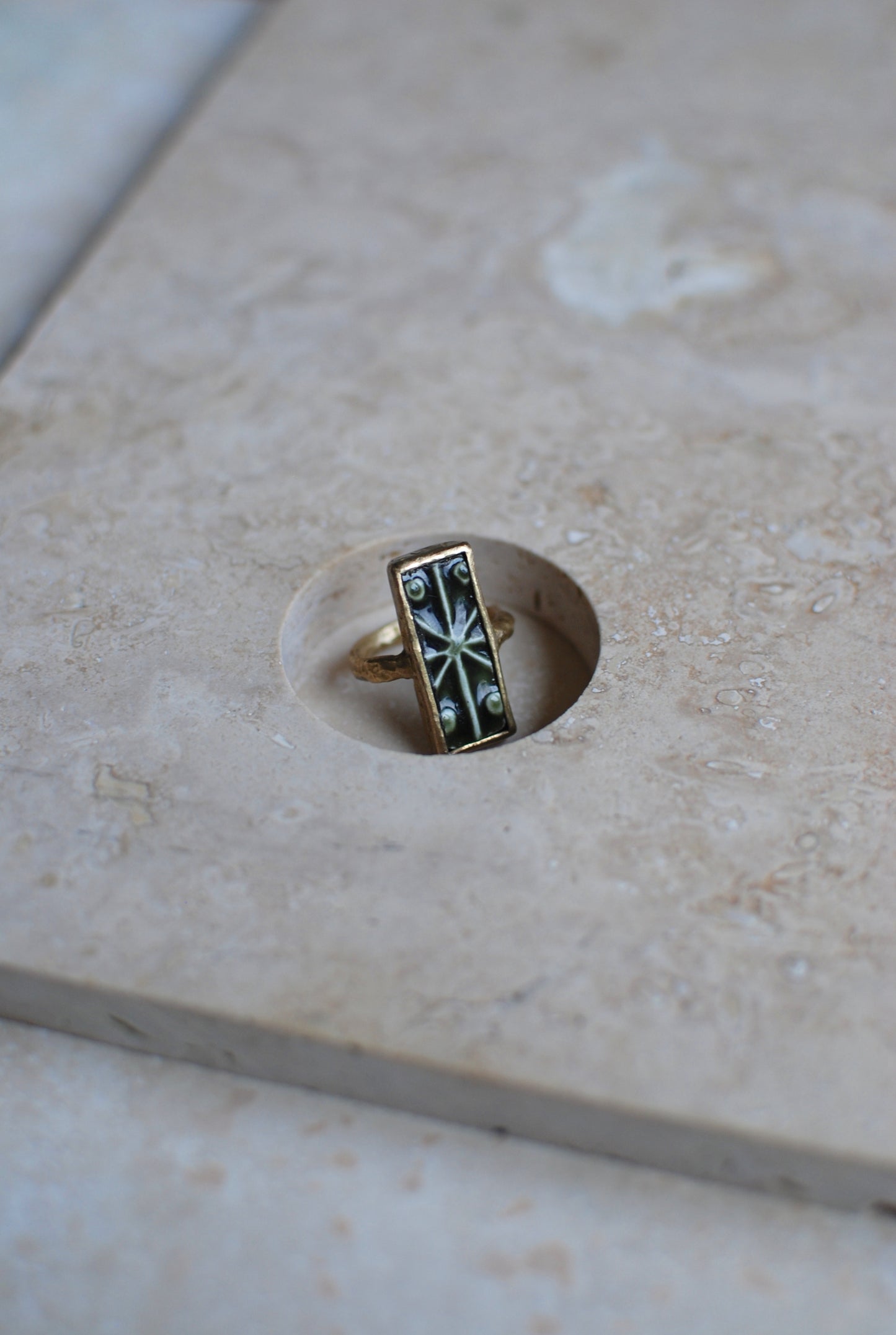Solid Brass & Vintage Dark Forest Green Glaze Stoneware ‘Cypher’ Ring