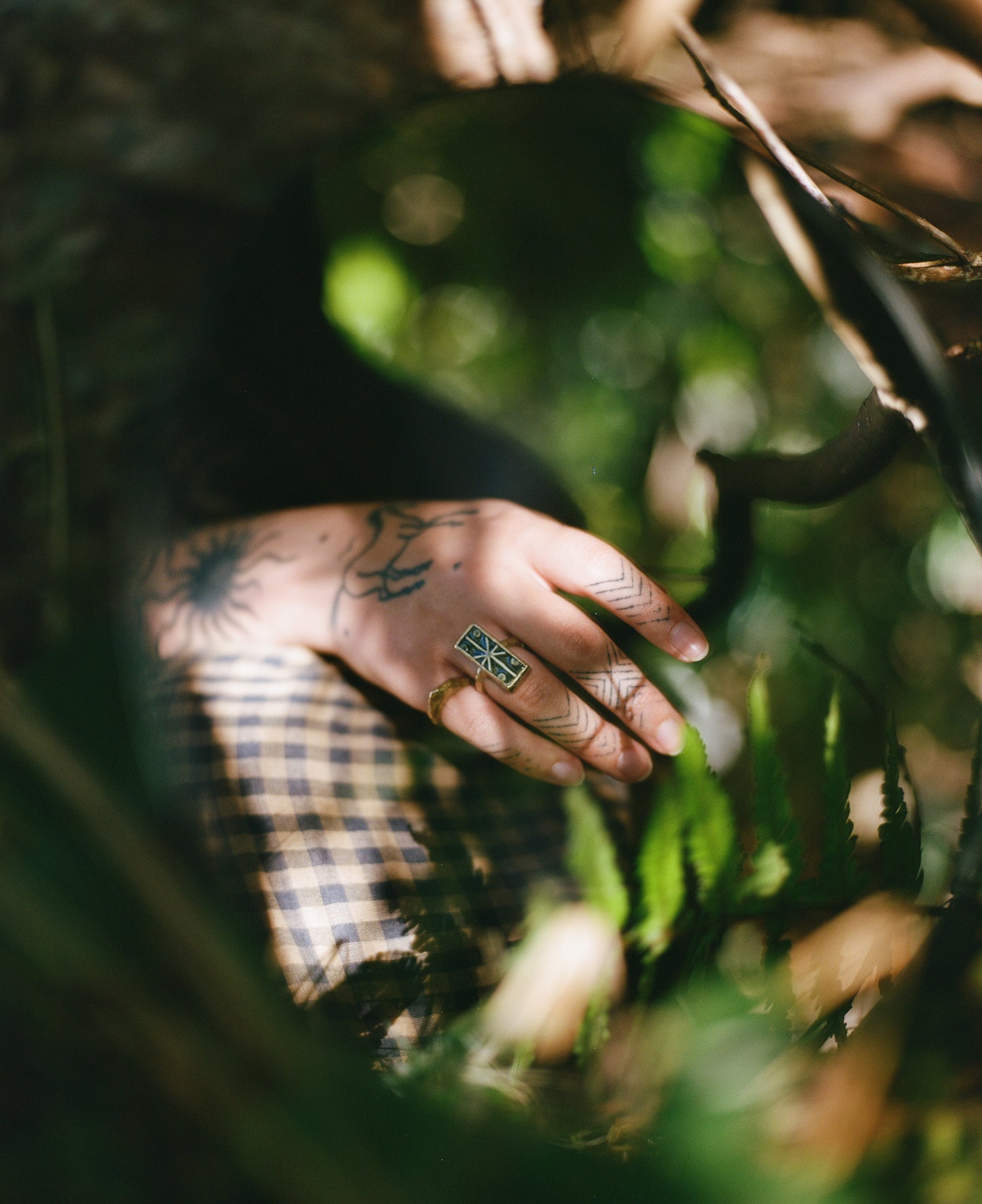 Solid Brass & Vintage Dark Forest Green Glaze Stoneware ‘Cypher’ Ring
