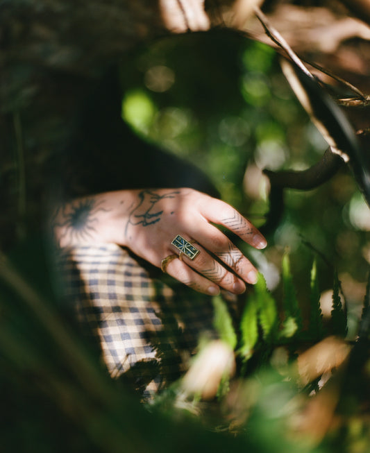 Solid Brass & Vintage Dark Forest Green Glaze Stoneware ‘Cypher’ Ring