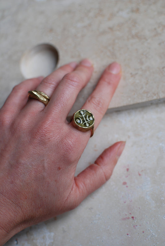 Solid Brass & Olive Green Glazed Vintage Stoneware ‘Totem Wheel’ Ring