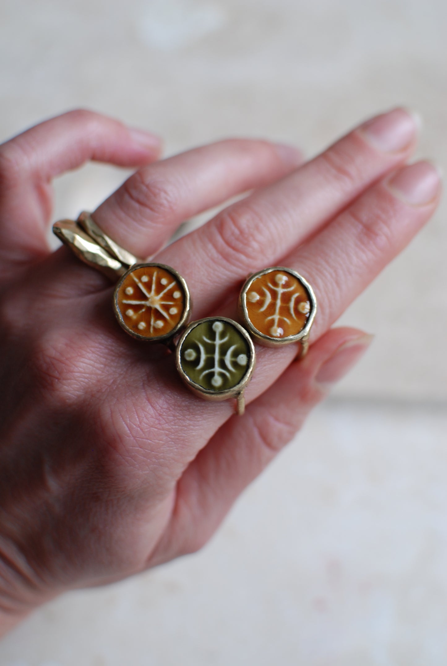 Solid Brass & Olive Green Glazed Vintage Stoneware ‘Totem Wheel’ Ring