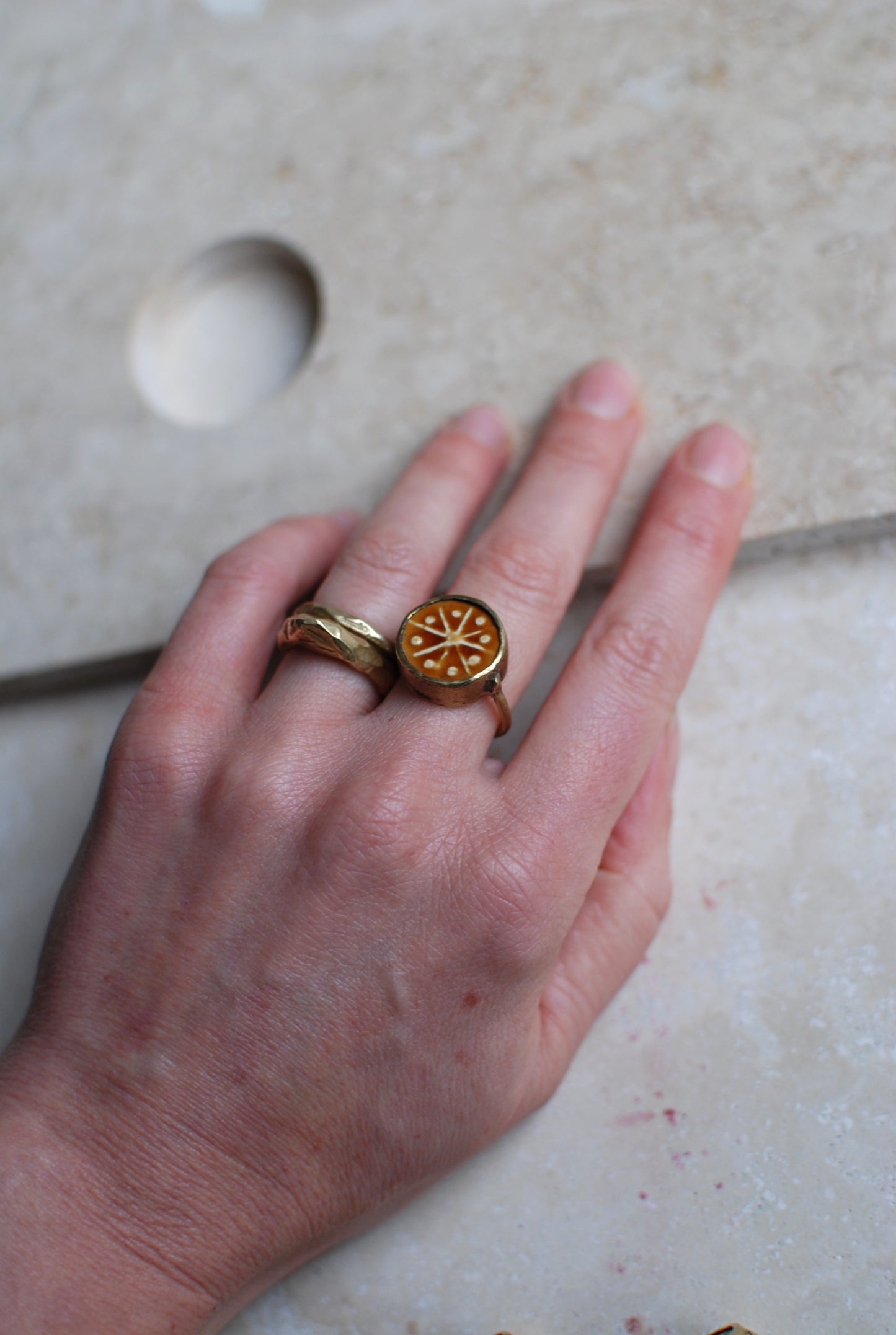 Solid Brass & Amber Glazed Vintage Stoneware ‘Totem Wheel’ Ring