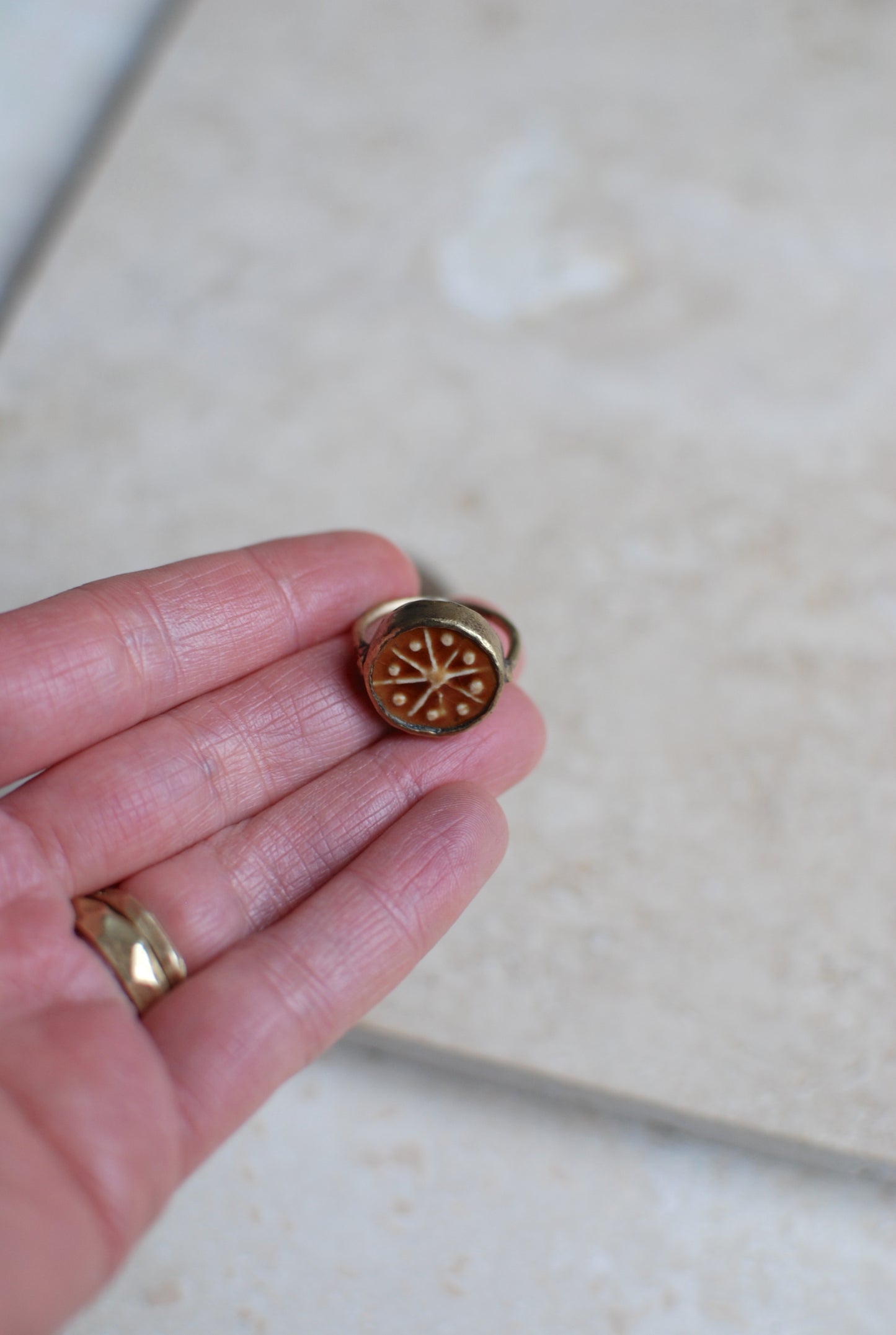 Solid Brass & Amber Glazed Vintage Stoneware ‘Totem Wheel’ Ring