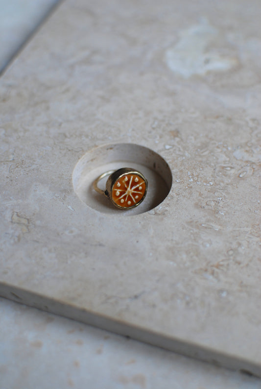 Solid Brass & Amber Glazed Vintage Stoneware ‘Totem Wheel’ Ring