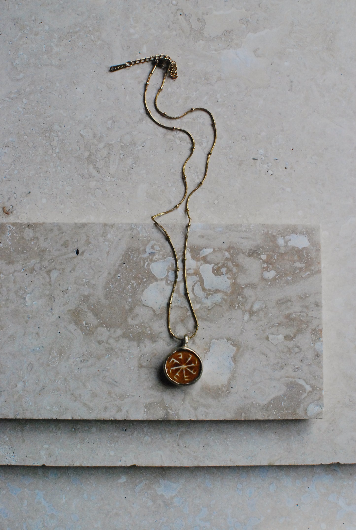 Solid Brass & Reclaimed Amber Glazed Vintage Stoneware ‘Totem Wheel’ Necklace On 14k Gold Plated Chain