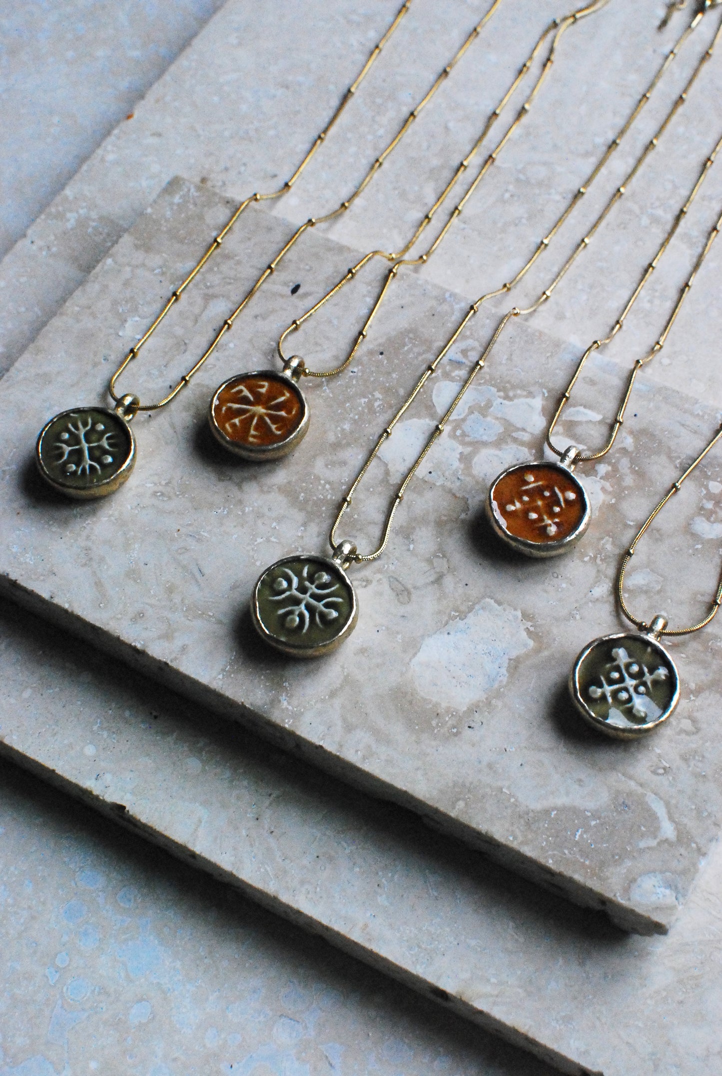 Solid Brass & Reclaimed Amber Glazed Vintage Stoneware ‘Totem Wheel’ Necklace On 14k Gold Plated Chain
