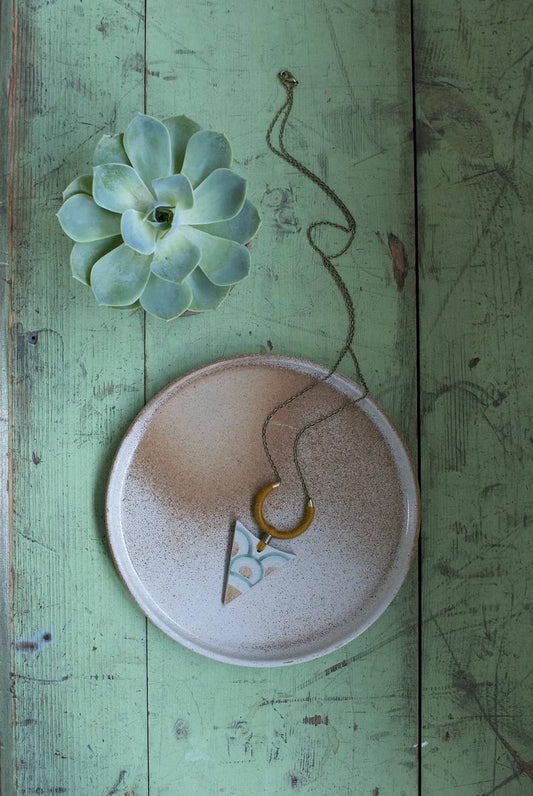 Vintage Denby Stoneware 'Heligan' Arrow Necklace On Long Antique Brass Chain.