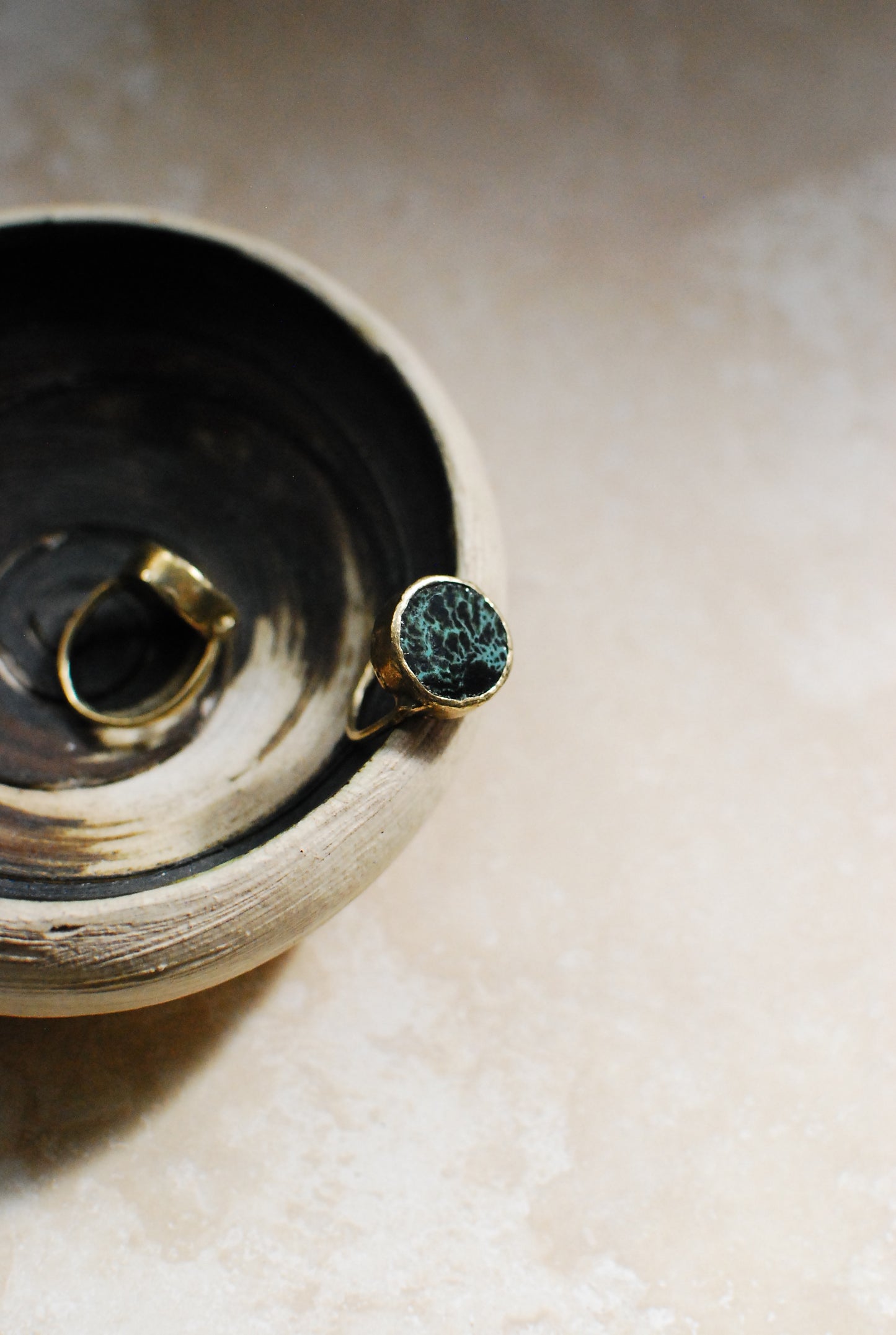 Forest Green & Black Speckled Glaze Reclaimed Stoneware & Solid Brass Wheel Ring